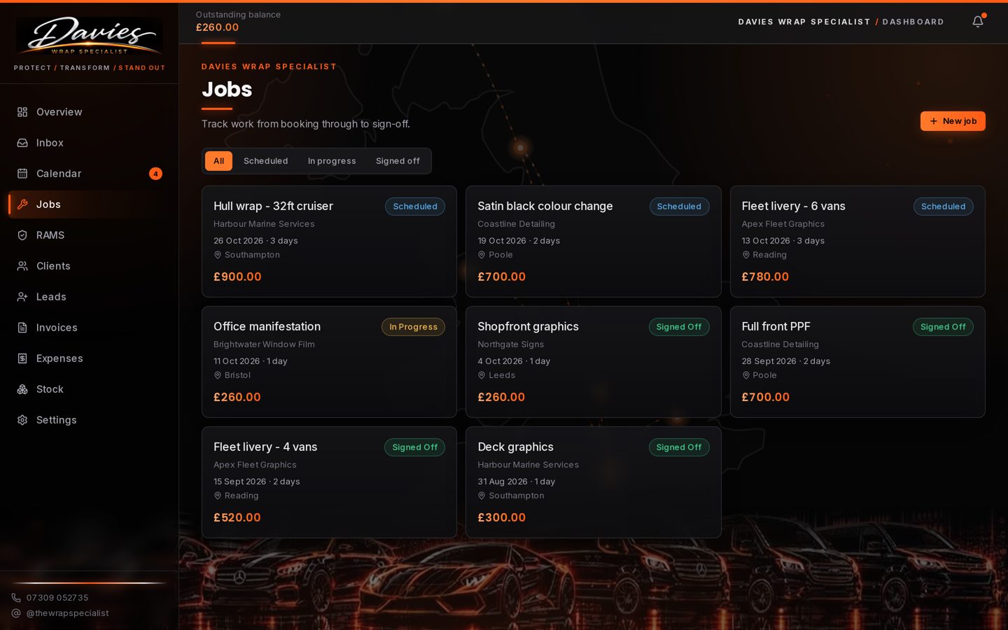 Davies Dashboards jobs screen